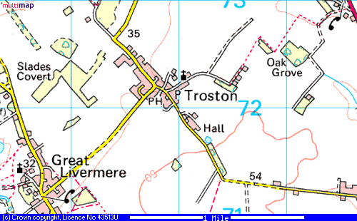 Map of Troston Village showing position of the church